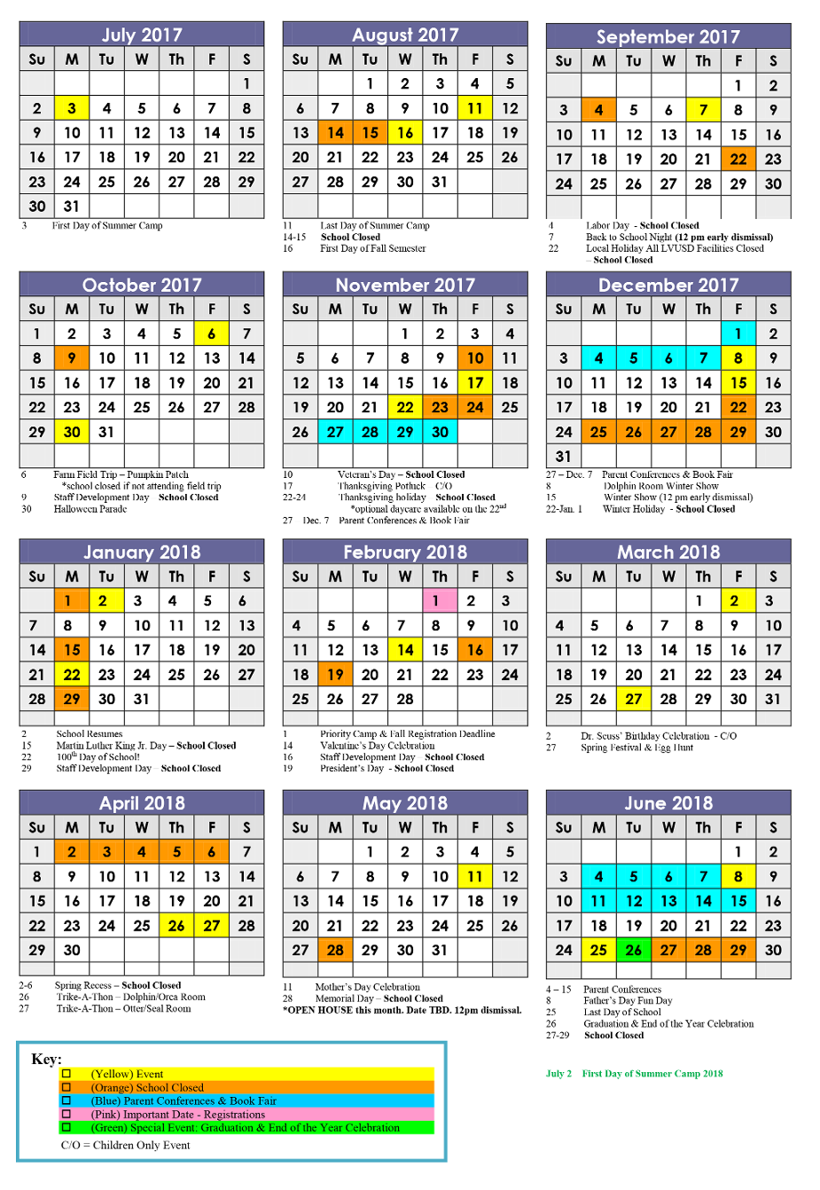 2017 - 2018 School Calendar